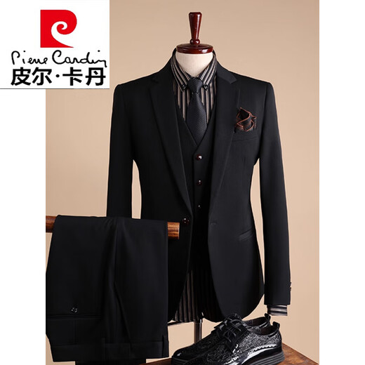 Pierre Cardin suit men's slim business formal casual Korean suit jacket groomsmen groom wedding dress men's single-button black four-piece suit suit + pants + shirt + vest one-word bag 50