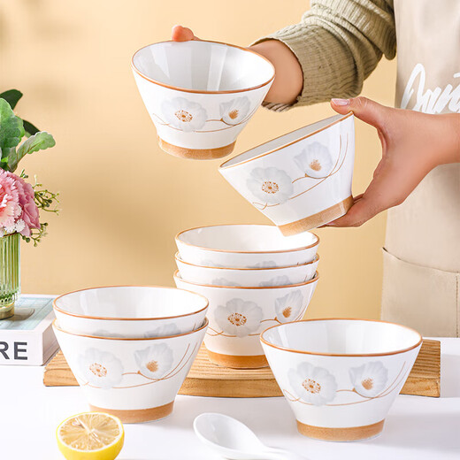 Ceramic bowl for home use 2024 new style festive housewarming new home dishes and tableware set years of peace and quiet rice bowl years of peace and quiet 6-piece bamboo hat bowl 5 inches