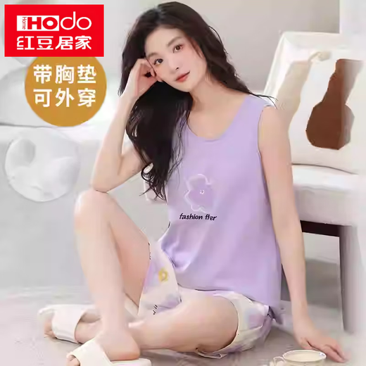 红豆（Hodo）带胸垫一体睡衣女夏纯棉背心短裤夏天女青年条纹加大码家居服套装 带胸垫背心-F9856 L 女--