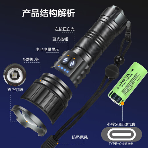 Longriver Ultra-Bright Long-Range Taschenlampe Outdoor wasserdichte multifunktionale weiße gelbe Licht Dual-Switch-Ladung Tragbares Nachtfischer