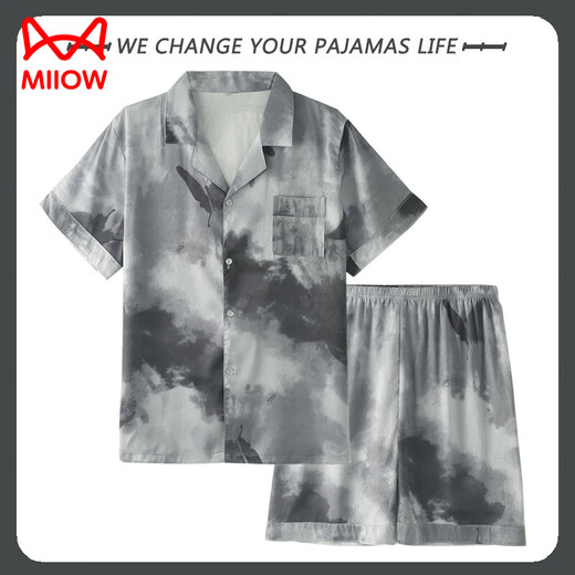 猫人（MiiOW）睡衣男士夏季天冰丝短袖短裤薄款大码四季款可外穿家居服 YZL-WRQS13077 L 【建议100-130斤】