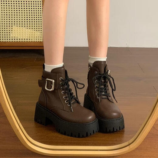 Holzspecker Britisch-Stil dicker Absatz dicker Sohle kleiner Kinder 2025 Neue Herbst- und Wintergrößenverbesserung kurze Stiefel Motorradstiefel braun 37