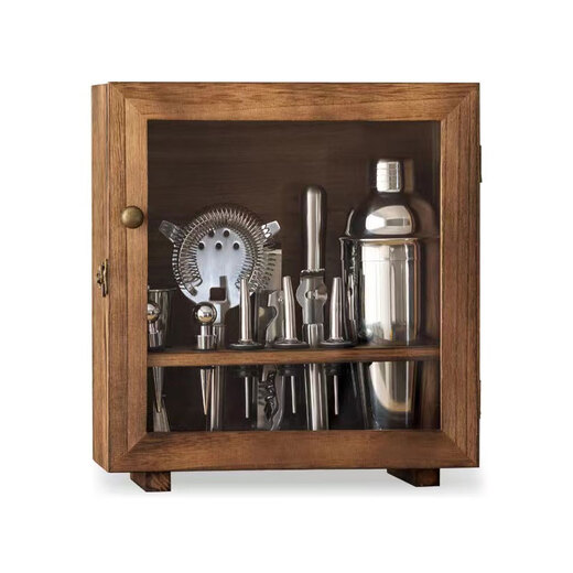 Fernas Stainless Steel Mixer Cocktail Mixing Tool Set Shaker Jug Beat Lemon Combination with Wooden Frame Dustproof 600ml Glass Shaker-13 Piece Set