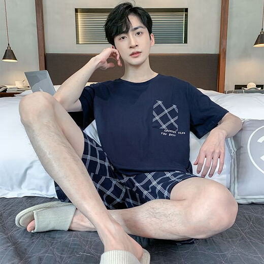 Mu fengqing pijama para hombres en mangas cortas delgadas de algodón de algodón de verano más grasa talla grande puede usar traje de ropa para el hogar de los hombres jóvenes 9928 [h