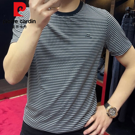 
Pierre cardin summer 2025 new round neck striped short-sleeved men's T-shirt casual half-sleeved slim base shirt sports t-shirt trend 9901 black 2XL recommended 140-155Jin [Jin equals 0.5 kg]