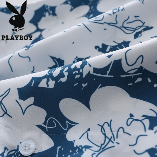 花花公子（PLAYBOY）夏威夷花衬衫短袖男夏季冰丝薄款沙滩情侣休闲衬衣 6636太湖绿 XL
