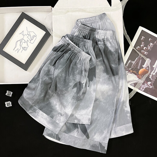 Catman (Miiow) Chinesischer Stil Krawattenpaar Pyjamas für Frauen kühl Ice Seide Sommer Dünne Kurzärmel-High-End-Hauskleidung für Männer zweiteiler Set 13077# Fischgräten-Schmetterlings-Women-Kurzärmel-Shorts m