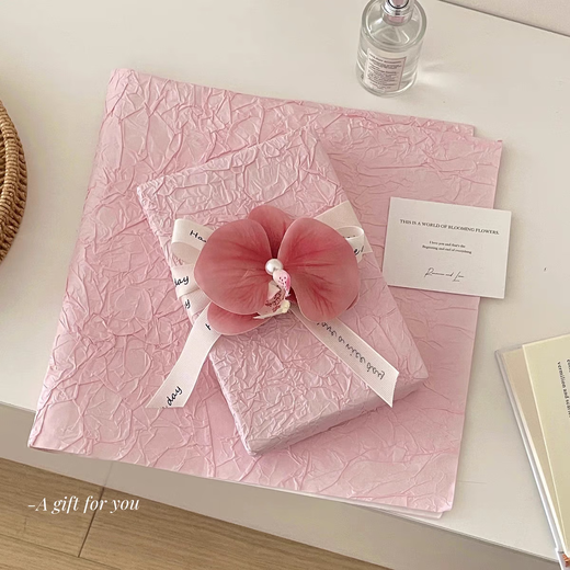 Girly Heart Pink Series Stone Grained Paper Floral Wrapping Paper, Gift for Girlfriend, Holiday Gift Paper, Cute and High-Quality 1 Piece of Light Pink Stone Grained Paper + Pink Phalaenopsis (Free 1 Meter Ribbon, Double-sided Tape)