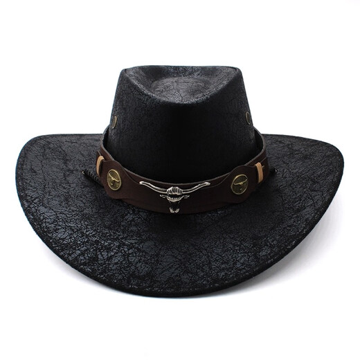 XINBUCKS Western Cowboy Hat Men and Women Minority Style Leather Leisure Travel Hat British Beach Sunshade Mountaineering Hat Black (Cow Head Label) Suitable for 55-60CM