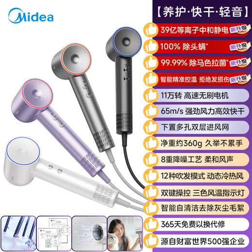 Midea Hair Dryer Home Negative Ion High Power Will Not Damage Hair Hair Dryer High Speed Hair Care Hair Dryer Blowing Set Dryer Back-to-School Mid-Autumn Festival Gift Birthday Gift 3.9 Billion Plasma Hair Care丨Sterilization and Mite Removal丨NTC Intelligent Warm-Silver