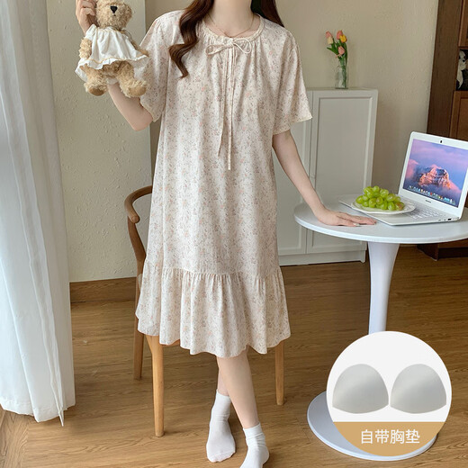 Victoria's Style Pyjamas mit Brustpolster für Frauen im Sommer 2025 Neue lose und niedliche koreanische Floral Nachthemd mittelgroße Hauskleidung großer Größe M16862 [mit Brustpolster] XL