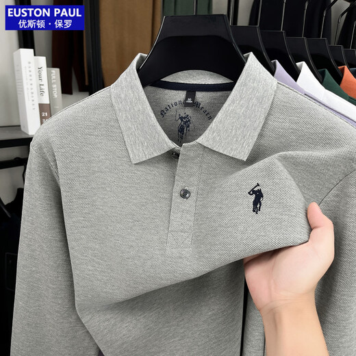 EUSTON PAUL Authentic Autumn New 100% Cotton Men's Long-Sleeved T-Shirt High-end Lapel Embroidery Versatile POLO Shirt for Young and Middle-aged People Black 2XL (54) Weight 155-170Jin Jin is equal to 0.5 kg