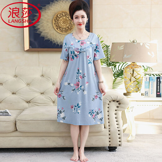 LangSha nightgown for women in summer short-sleeved cool feeling modal thin cotton silk mother loose long dress for mothers Y9905 L [recommended %7E120Jin [Jin equals 0.5 kg] wear]