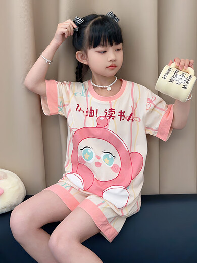 Pyjamas Girls Pure Cotton Sommer Kurzarm 2025 Neue Kinder niedliche Cartoon Girls Home Clothing Medium und große Kinderset 831 100 [8 Codes] 100-110 cm 30-40jin [Jin gleich 0,5 kg]
