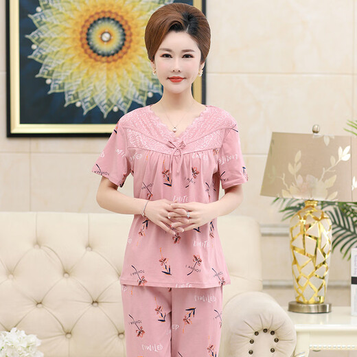 维多利亚的格调中年妈妈睡衣女夏季纯 棉短袖家居服中老年薄款七分裤两件套 Y3937 XL