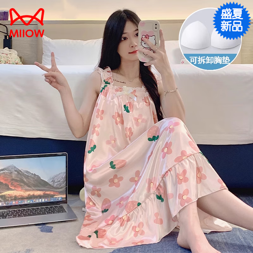 猫人（MiiOW）睡裙女夏季自带胸垫冰丝凉感吊带睡衣夏天女士甜美可爱家居服春秋 3887【不可拆胸垫】 M 【75-100斤】