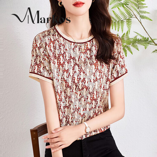 Markos junge Mutter tragen Seiden-T-Shirt für Frauen kurzärmelig schweres Maulbeer-Seiden-Top-Hemd Rund Hals Rund Hals Lose Großgröße Weine rot 691 dunkelrote Farbe (Satin) L ungefähr für 90 bis 110 Jin [Jin gleich 0,5 kg] geeignet]