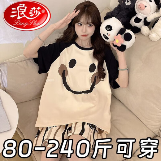 浪莎睡衣女夏季短袖短裤宽松加大码可爱卡通学生休闲可外穿家居服套装 693黑笑脸[短袖短裤] M[推荐80-90斤] 均码