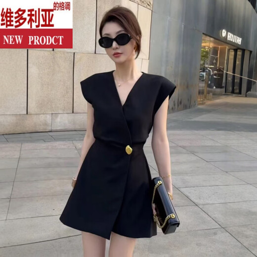 Victorias Stil Europäischer Stil Schwarzer V-Ausschnitt-Anzug Jumpsuit 2025 Sommermodier und modisches Design-Overalls Black S (Empfohlen 85-100jin [Jin gleich 0,5 kg]))