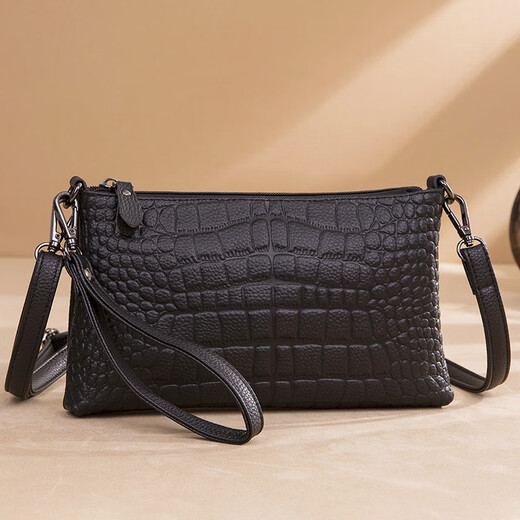 酷奇袋鼠女式潮流真皮女包斜挎包2025新款百搭鳄鱼纹手拿包头层牛皮单肩包 黑色