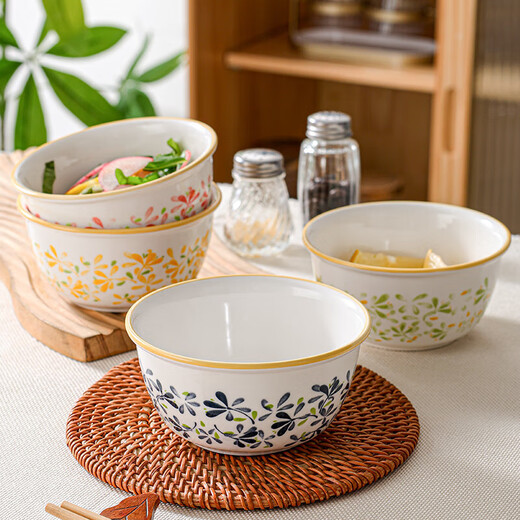Four seasons prosperous bamboo hat bowl household ceramic eating underglaze color rice bowl set prosperous 4.5 inch bowl 4 pieces 4 colors