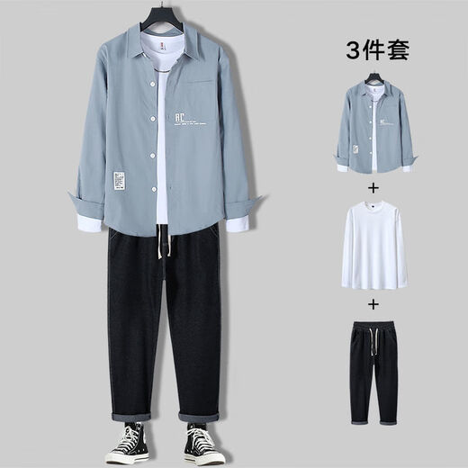 TTPMER男士春秋潮流休闲套装潮牌成熟两件套 679蓝色衬衫+长白T+71蓝牛仔裤 M