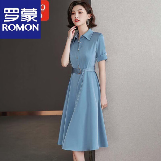 罗蒙（ROMON）高端缎面真丝连衣裙中长款女2025夏季款时尚收腰显瘦翻领衬衫裙 蓝灰色 L 105-115斤