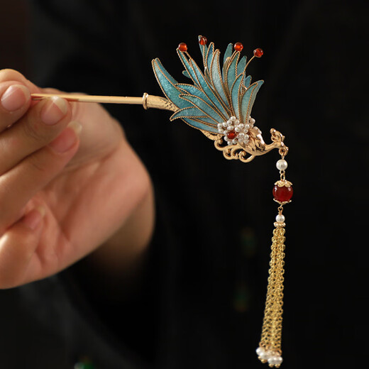 Shijun (SHIJUN) wedding golden phoenix hairpin, imitation velvet flower, ancient style filigree hairpin, new Chinese style cool Song Guanfeng hairpin dress cheongsam, the same reverse side can be used on the left and right