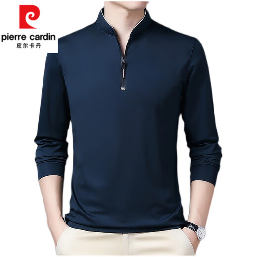 皮尔卡丹（pierre cardin）纯棉长袖t恤男春秋季休闲薄款体恤中年男装立领打底衫上衣 长袖6623黑色 薄款 M 165建议120斤以内