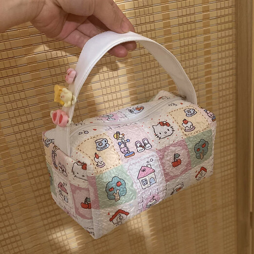 Feiyuega's new cartoon cat portable cosmetic bag, convenient large-capacity cosmetic toiletry bag, cute storage bag for women when going out, plaid cat (no accessories), white