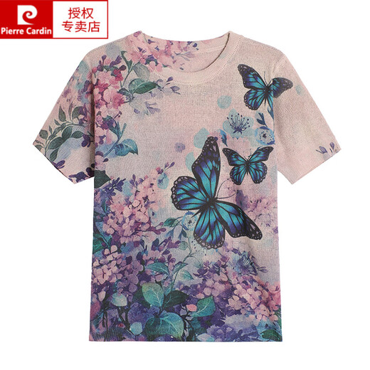 皮尔卡丹（pierre cardin）胖肥mm加大码夏季桑蚕丝短袖T恤女薄款宽松200斤遮肚子印花上衣 L838A色 M