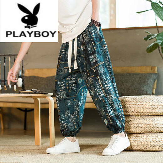 Playboy (PLAYBOY) linen summer men's printed bloomers loose legged nine-point harem casual pants large size wind flower pants K299 Thai style blue 2XL recommended 160-170Jin Jin equals 0.5 kg