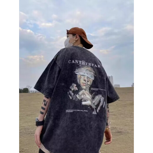 Camiseta de algodón de algodón puro de algodón puro de peso puro opeody americano para hombres sueltos de la marca suelta de verano de verano y camiseta antigua alas mangas [250g de algodón puro] x1416-negro 4xl