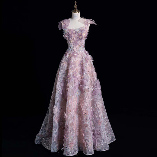 Wutuo large size evening dress purple light luxury niche banquet host adult ceremony suspender dressing gown bride toast wear engagement dress purple 4XL weight 155Jin Jin is equal to about 0.5 kg