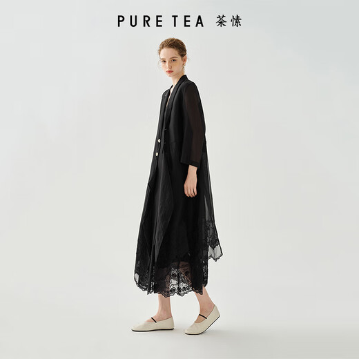 茶·愫【静奢千金】puretea茶愫西装翻领鸢尾花刺绣大摆量长外套25夏新 石墨黑 S
