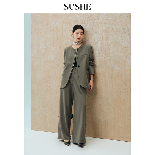 SUSHE Gold Jacquard Contrast Color Collarless Suit Jacket High Waist Cut Drape Suit Comet Green - Pants M