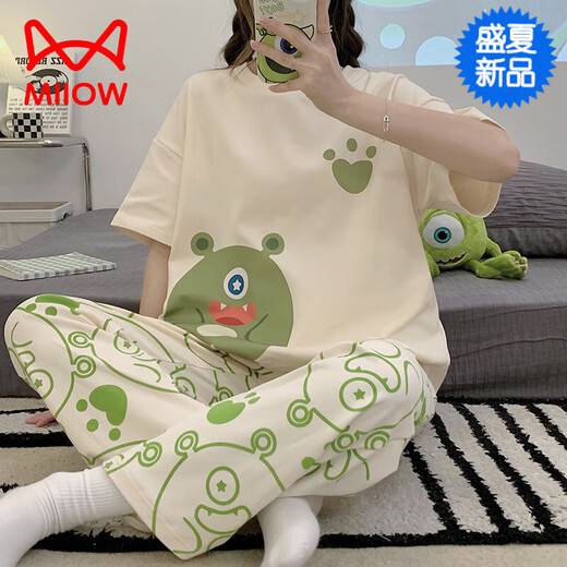 猫人（MiiOW）带胸垫睡衣女款夏季纯棉短袖长裤两件套装一体式免穿文胸罩家居服 慕思伴-好QG9207 M 【带固定胸垫】