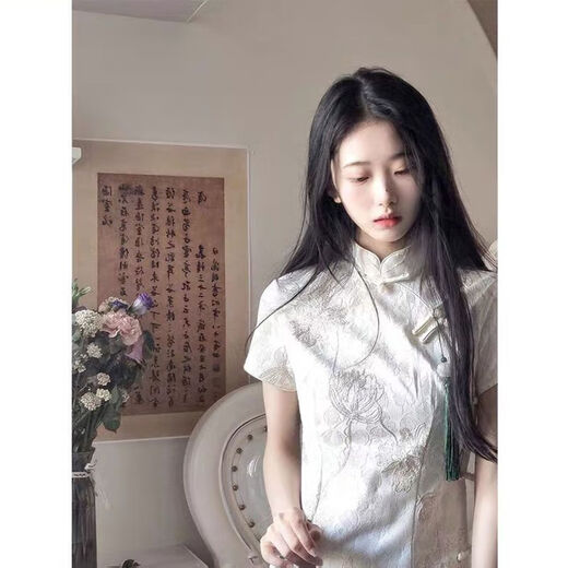 Hualin Mode modifizierte Cheongsam Sommer mädchenhaftes Temperament Weiße Kleider chinesischer Stil täglich 844 Champagner Farbe 2xl