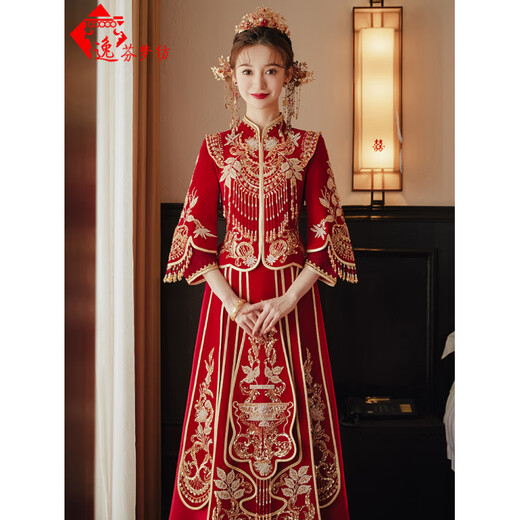 
Yifen Mengyi Velvet Xiuhe Clothing 2025 New Wedding Wedding Dress Chinese Bride Clothing Dragon Phoenix Gown Wedding Clothing Chinese Style Autumn Handmade Bead Flower Heavy Industry-Velvet Style S
