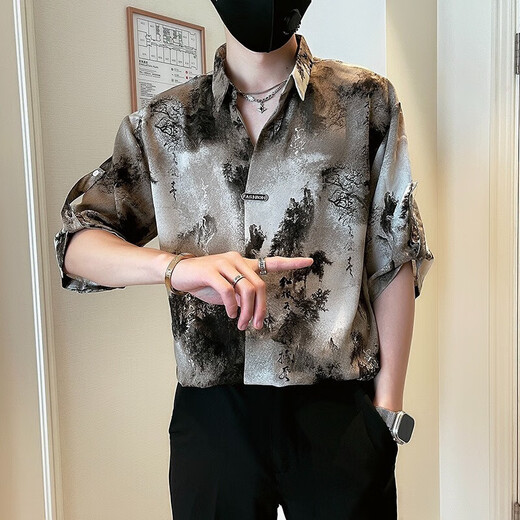 
New Chinese style shirt for men short-sleeved casual handsome ink tie-dye shirt for summer thin men's national trend top FC-A683 khaki 3XL