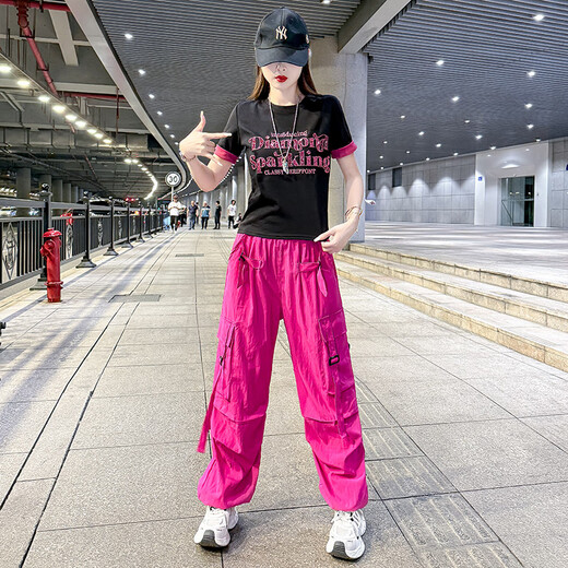 书与茶美式速干工装裤女夏季薄款广场舞运动裤2025新款曳步舞爵士舞裤子 黑拼色上衣8828+玫红色长裤6628 L