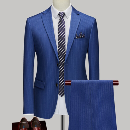 AX Armani groom suit men's three-piece slim wedding dress high-end striped suit striped blue two-piece suit (suit + pants) S