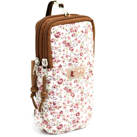 Cotton fabric mobile phone bag for mothers to carry mobile phone coins when shopping for groceries, vertical arm wrist zipper hanging neck mobile phone bag, black bottom red chrysanthemum XL size