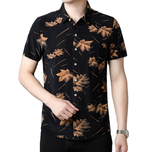 Sept loups (SW1960) 25 Summer Nouvelle chemise à manches courtes pour hommes Ice Silk Cool Thin Printing Shirdy Men's Shirt de l'âge moyen 9898 Gold 2xl 180