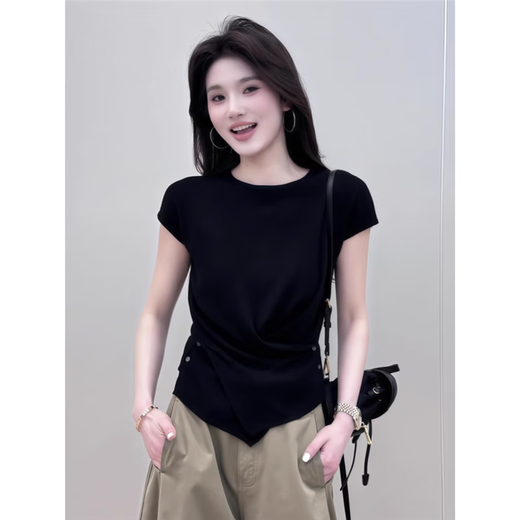 White ice silk knitted short-sleeved T-shirt for women 2025 new summer hot style irregular waist-hugging vest top White high-quality version One size 80-140Jin [Jin equals 0.5 kg] can be worn