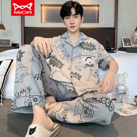 Catman MIIOW men's pajamas summer pure cotton short-sleeved trousers spring and summer thin simple large-size cardigan home clothing set:An693 L men
