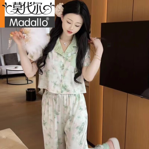 莫代尔品质小香风睡衣女夏真丝短款短袖长裤空调房春秋甜美家居服套装女 694 蝴蝶水墨画 短长 M ( 建议 80-98斤)
