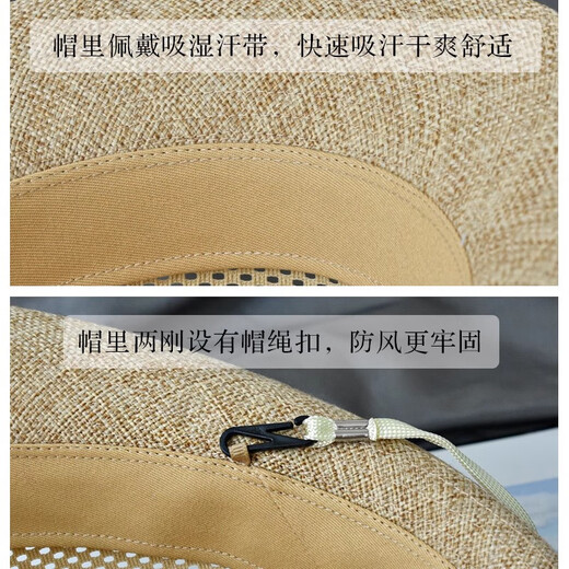BRH summer vacation gentleman's hat for men, breathable, middle-aged and elderly outdoor travel straw hat sun protection straw sunshade hat hemp natural color M size (57cm)
