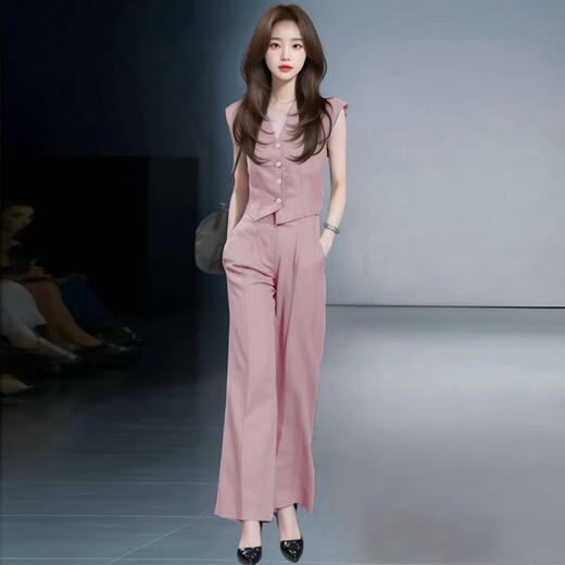 忻依美时尚气质西装套装女2025夏季新款洋气显瘦V领上衣阔腿裤两件套 粉色【短袖长裤】 M 【体重101-110斤】