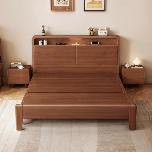 Youkaji mortise and tenon solid wood bed master bedroom double bed simple small apartment with night light charging full bed board 906 1.2m frame
